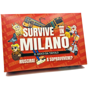 Scatola di Survive in Milano, gioco da tavolo ambientato a Milano, con tram e personaggi illustrati