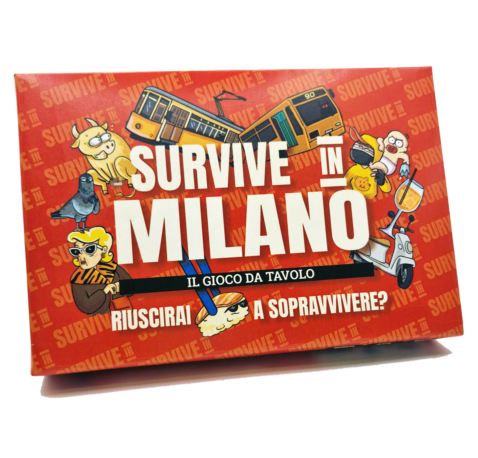 Scatola di Survive in Milano, gioco da tavolo ambientato a Milano, con tram e personaggi illustrati